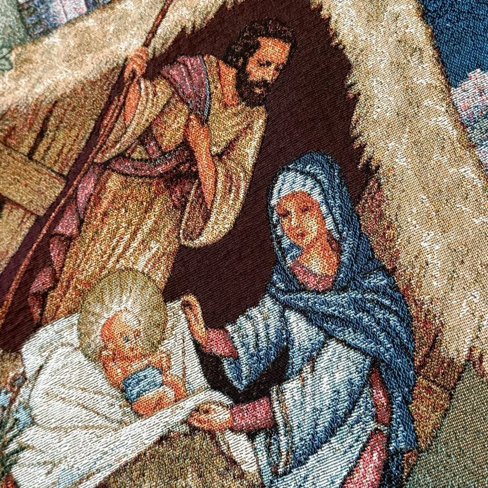 Vintage Nativity Christmas Tree Skirt Tapestry Woven Blue‎ Trim Holiday Decor